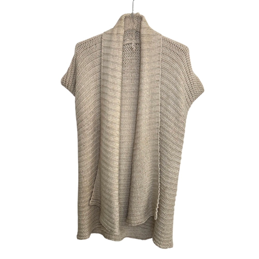 POL Chunky Knit Cardigan Vest Beige Shawl Collar Open Front Oversized Large